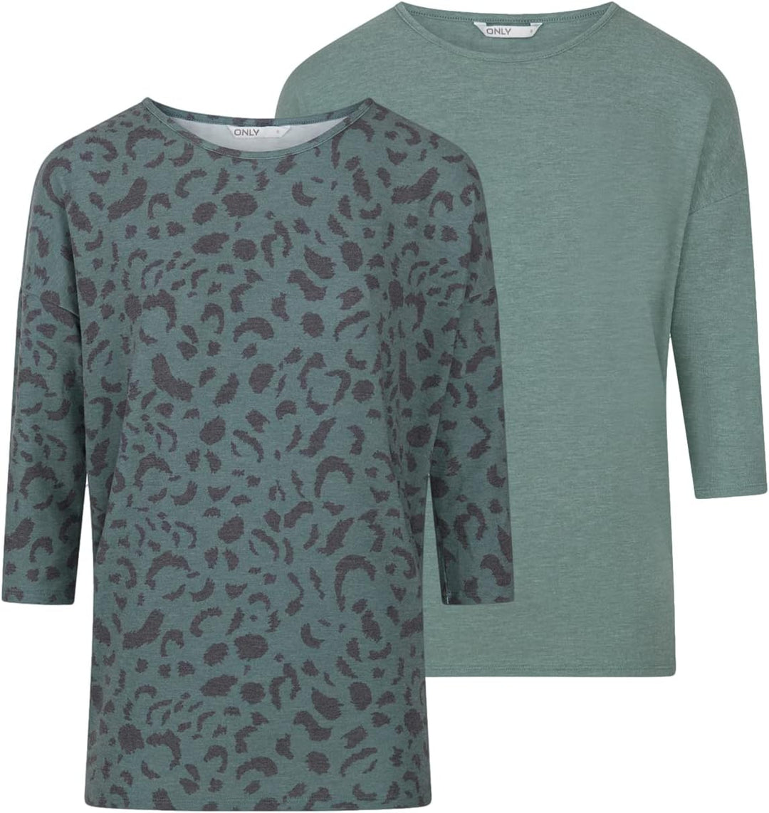 ONLY Damen Top ONLGLAMOUR 2er Pack 3/4 Ärmel Basic Shirt Rundhals Loose Fit Langarmshirt Oberteil Mu