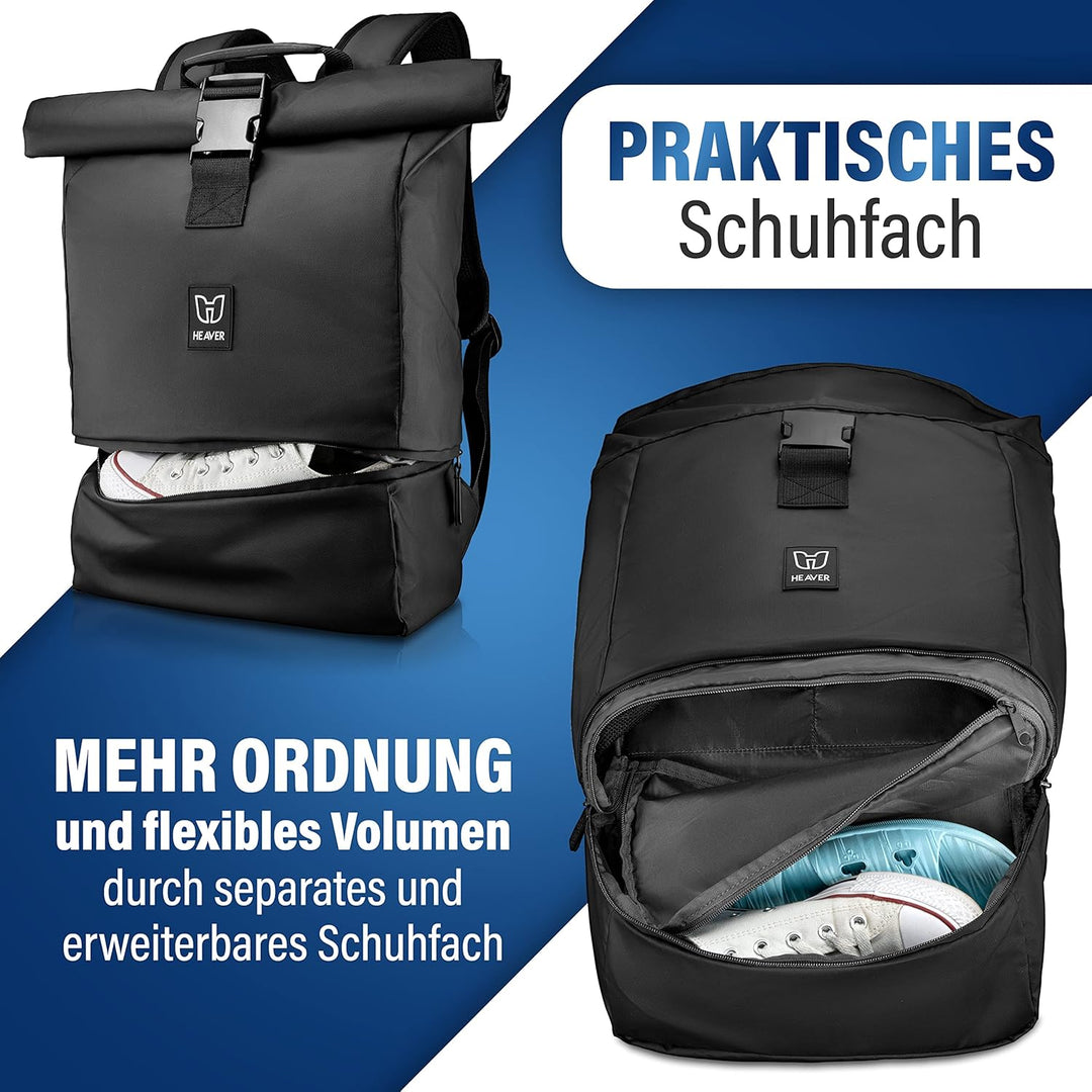 HEAVER® Rucksack Rolltop schwarz mit Schuh- und Laptopfach, für Damen und Herren, Flexibles Volumen