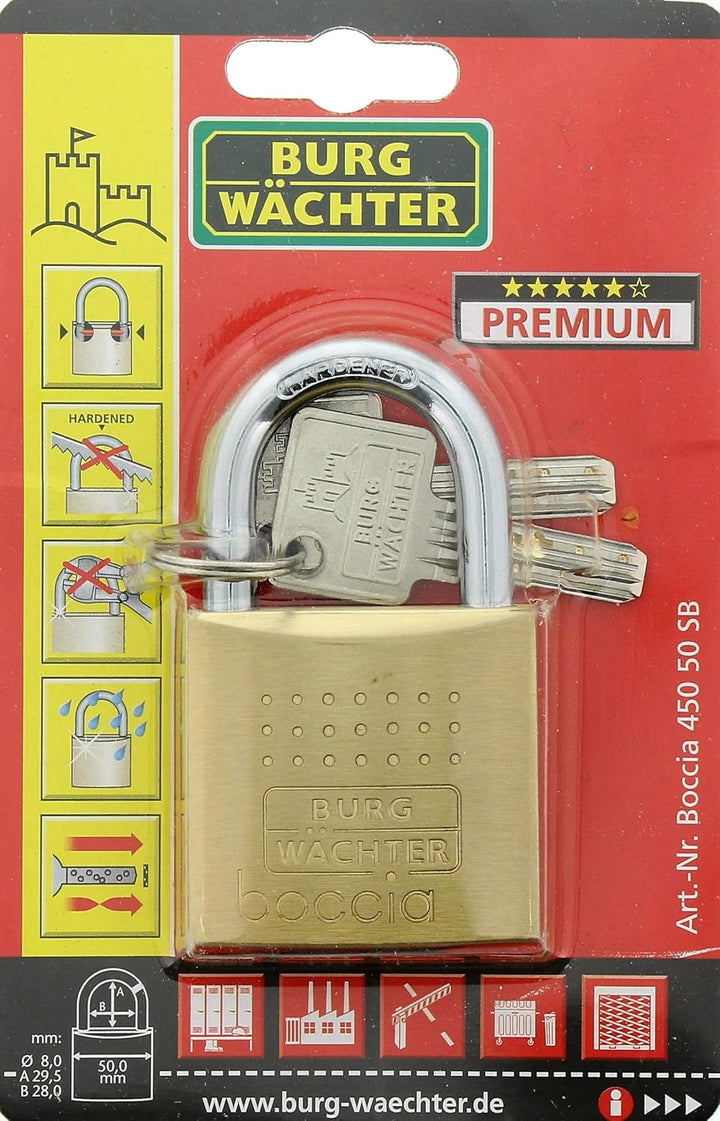Burg-Wächter Vorhängeschloss, 8 mm Bügelstärke, 2 Schlüssel, Boccia 450 50 SB 50 mm, 50 mm