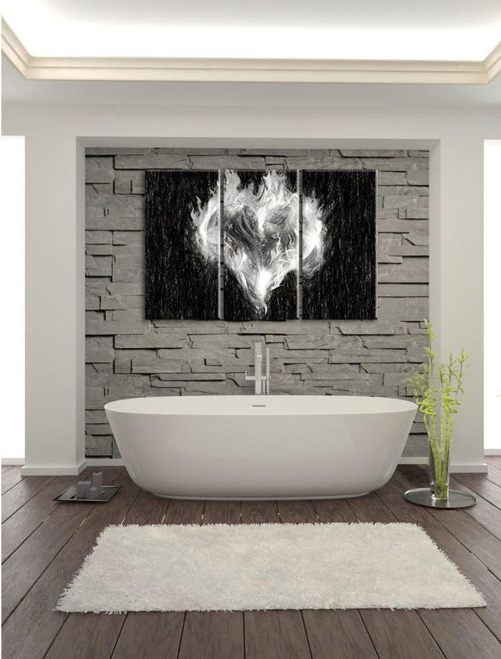 Pixxprint Dark - Herz aus Feuer und Wasser Kohle Effekt 3-Teiler Leinwandbild 120x80 Bild auf Leinwa