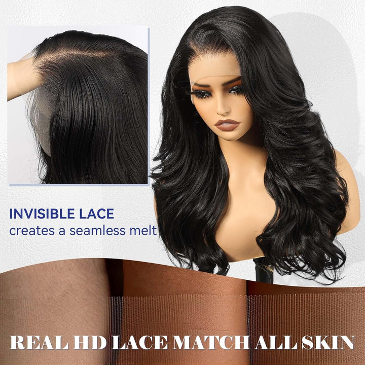 HAIRCUBE 13x6 HD Synthetische Lace-Front-Perücke, 24 Zoll lange schwarze, lockige, geschichtete Perü