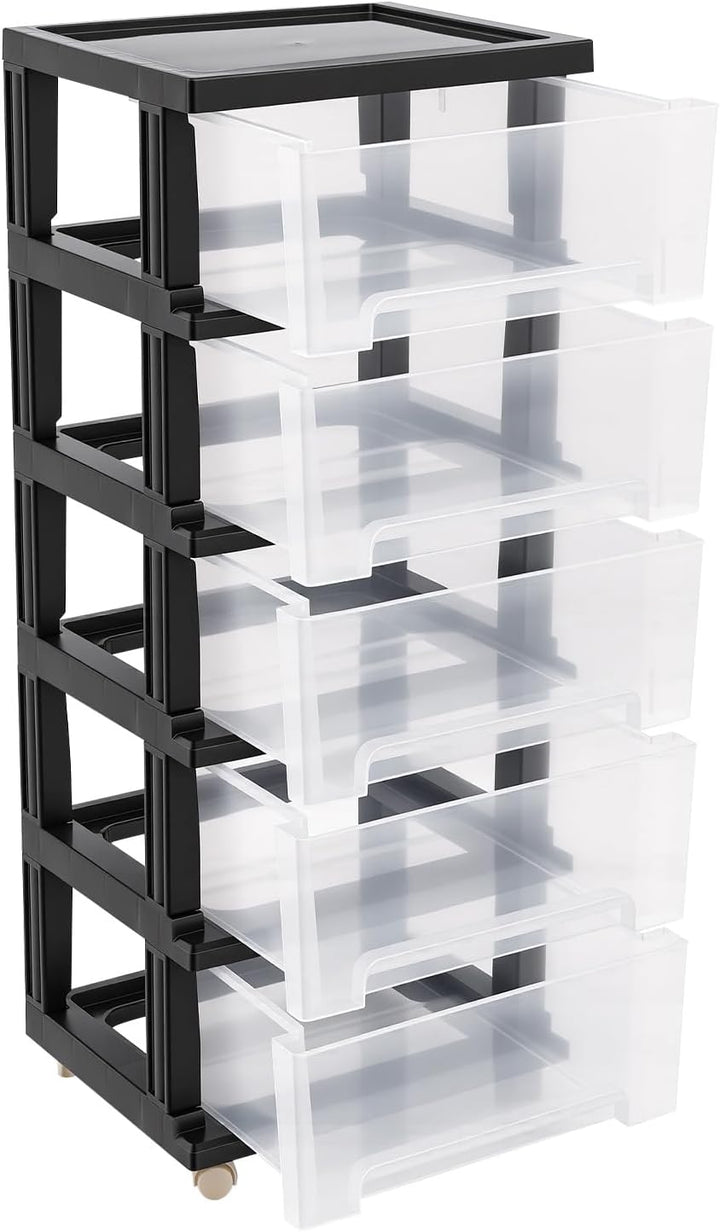 Kunststoff Schubladenbox, 5-stöckiges Kunststoff-Schubladenregal, Transparente Rollcontainer, Griffe