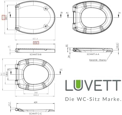 LUVETT® WC-Sitz inkl. 3 Edelstahl Montagelösungen & Absenkautomatik Softclose, Made in EU, antibakte