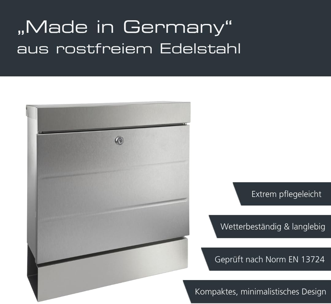 Burg-WÄCHTER Briefkasten mit Zeitungsfach ohne Namensschild, Rostfreier Edelstahl, Schutzlack, Korro