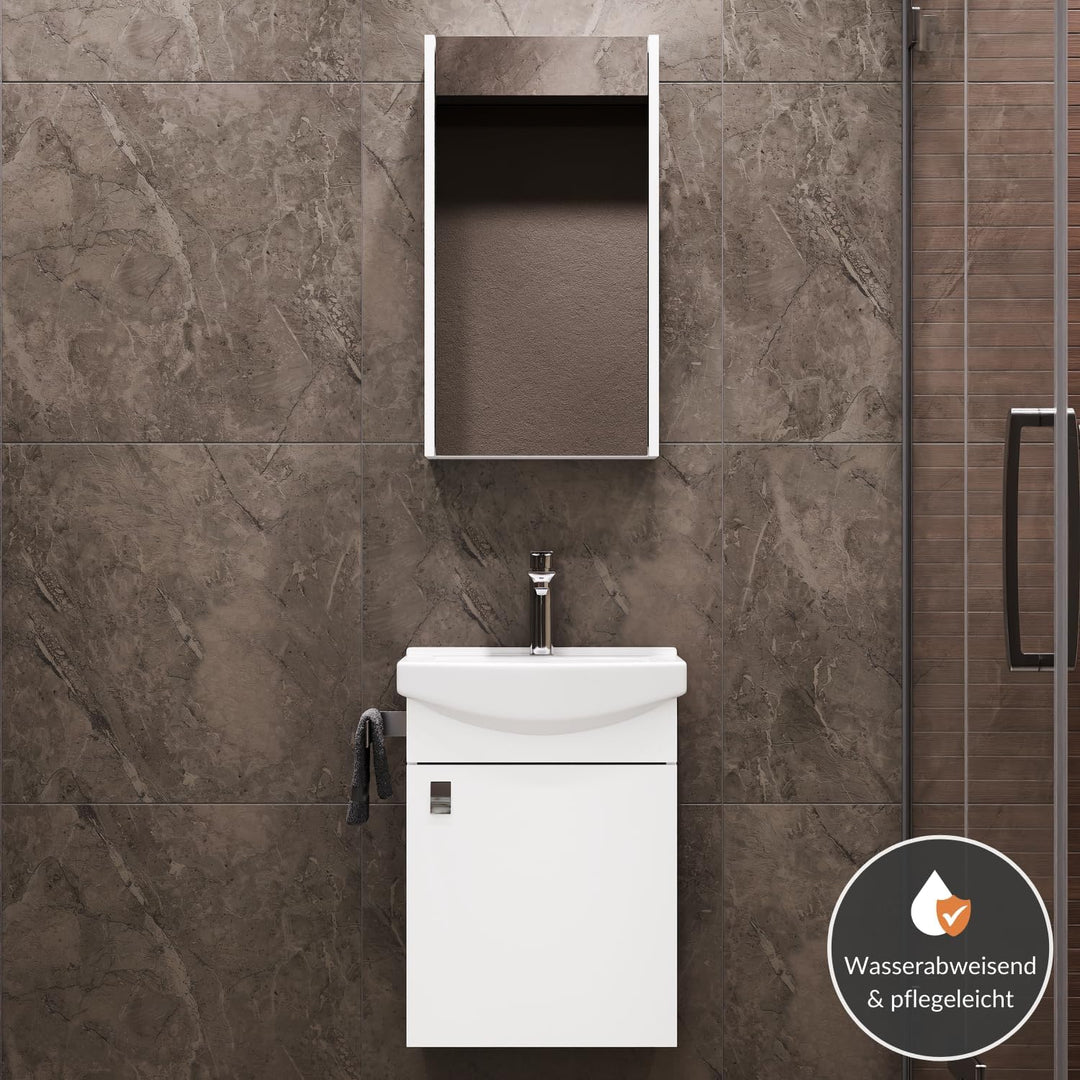 Planetmöbel Badmöbel Set aus Waschtisch + Waschbecken + Spiegelschrank, Gäste Bad WC, Farbe Weiss, W