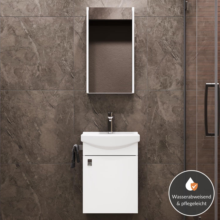 Planetmöbel Badmöbel Set aus Waschtisch + Waschbecken + Spiegelschrank, Gäste Bad WC, Farbe Weiss, W