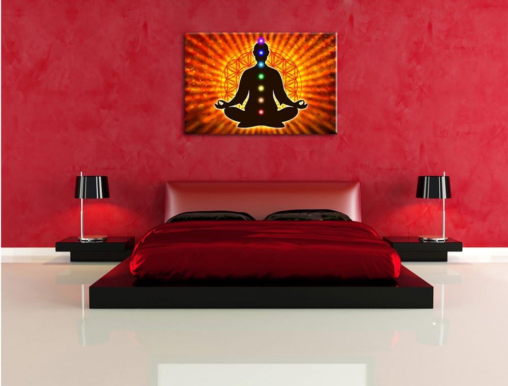 Pixxprint Meditation mit den 7 Chakren / 100x70cm Leinwandbild bespannt auf Holzrahmen/Wandbild Kuns