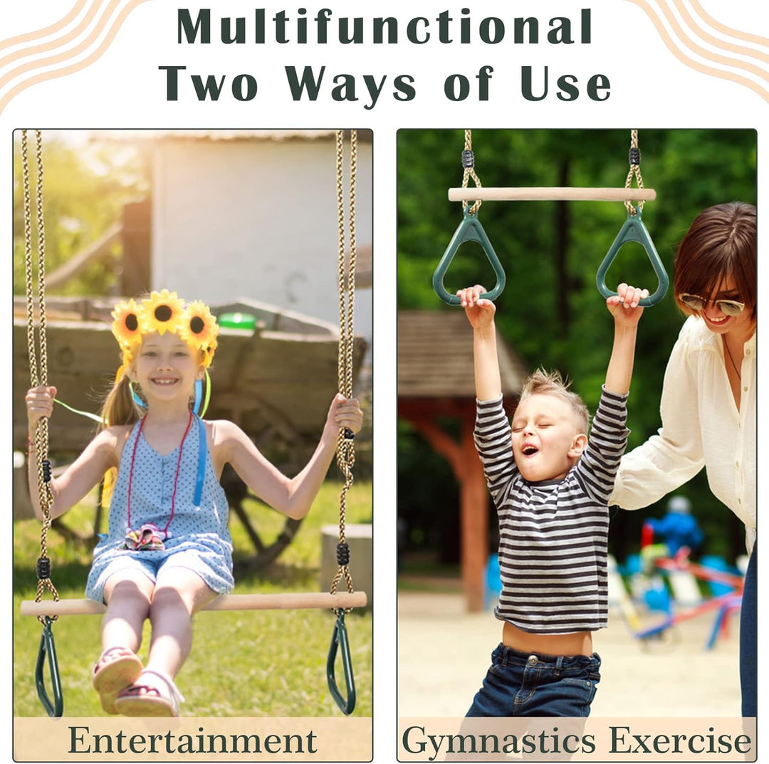 Leogreen Kinder Holz Trapeze Schaukel mit Kunststoff Turnringe, Aufhängen belastbar bis 150KG, Schau