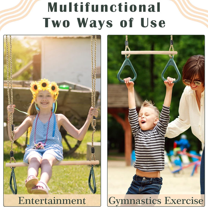 Leogreen Kinder Holz Trapeze Schaukel mit Kunststoff Turnringe, Aufhängen belastbar bis 150KG, Schau