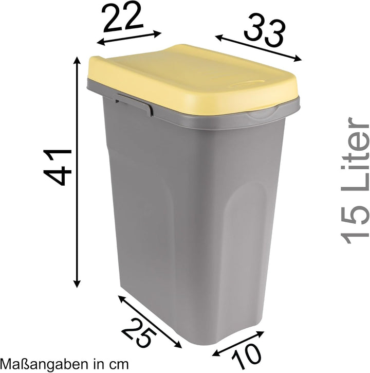 3x 15L Mülleimer Küche gelb grün weiss, Mülleimer 3 Fächer, Mülltrennsystem 3fach, Mülltonne, Abfall