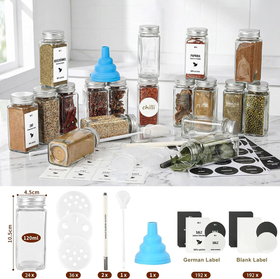 24pcs Gewürzgläser Eckig mit Aluminiumdeckel, 120ml Glasbehälter mit Streueinsatz, Luftdichte Gewürz