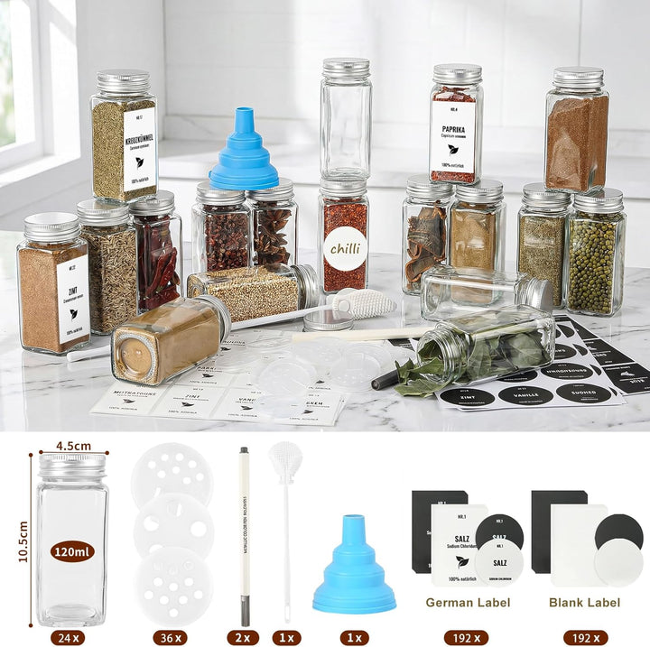 24pcs Gewürzgläser Eckig mit Aluminiumdeckel, 120ml Glasbehälter mit Streueinsatz, Luftdichte Gewürz