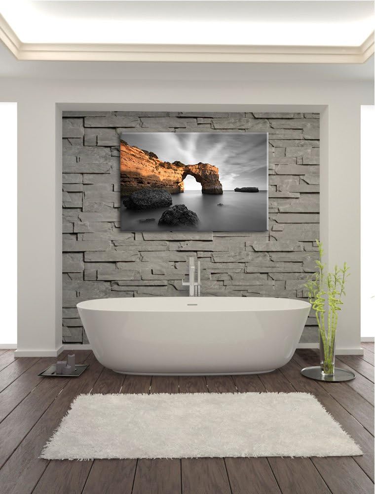 Berg mit Torbogen über dem Meer schwarz/weiss Format: 100x70 auf Leinwand, XXL riesige Bilder fertig