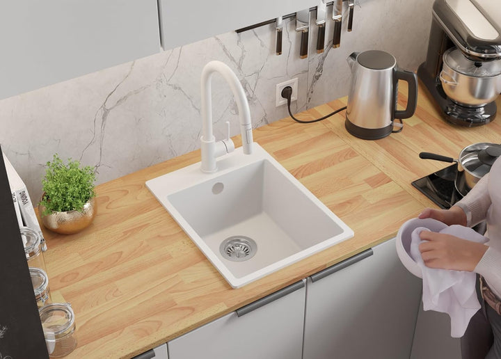 PRIMAGRAN Spülbecken Weiss 38x50cm, Granitspüle 1 Becken + Ablauf-Set + Schneidebrett, Küchenspüle a