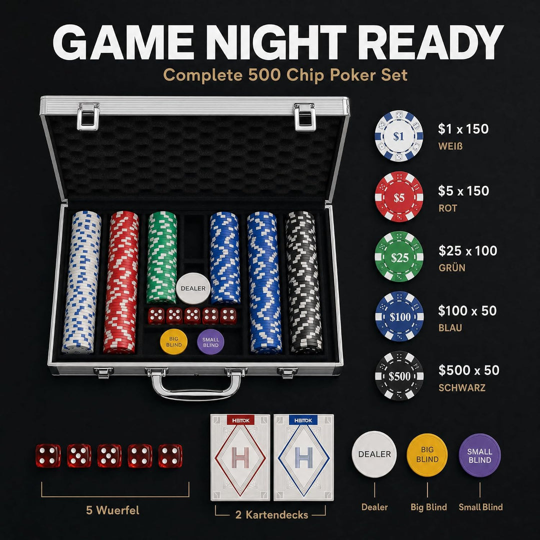 Pokerchips-Set mit Wertangaben, 500 Stück, 11,5 Gramm, nummerierte Chips mit Aluminiumkoffer, von $1
