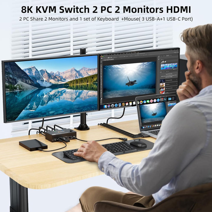 KVM Switch 2 PC 2 Monitore HDMI 8K@60Hz 4K@120Hz, USB 3.0 KVM Switch Dual Monitor HDMI 2.1 Teilen 4