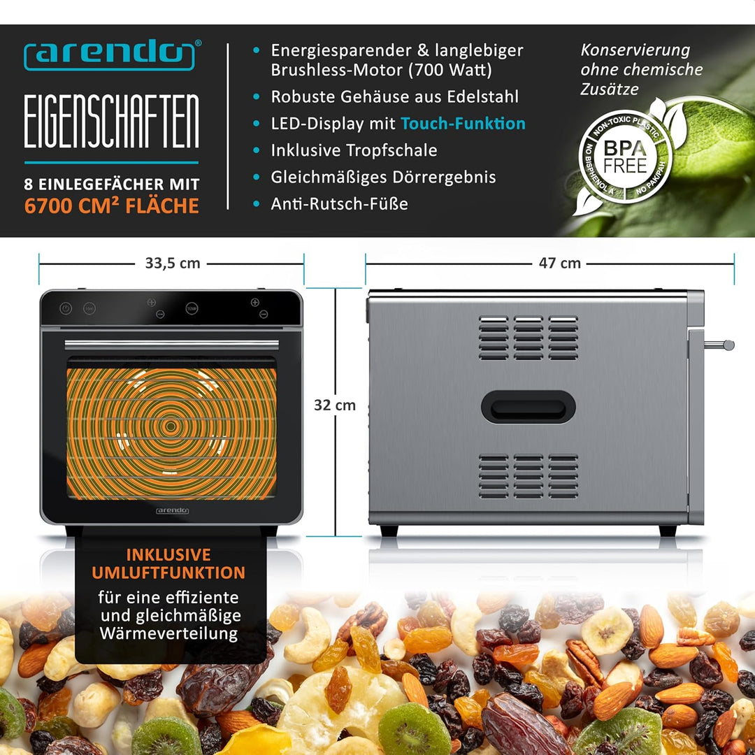 Arendo - Dörrautomat Edelstahl mit 8 Edelstahlgitter - 700 W - 35°-85°C - 8 Edelstahl Einlegetablett