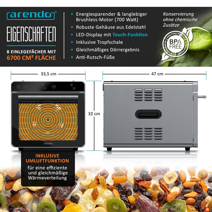 Arendo - Dörrautomat Edelstahl mit 8 Edelstahlgitter - 700 W - 35°-85°C - 8 Edelstahl Einlegetablett