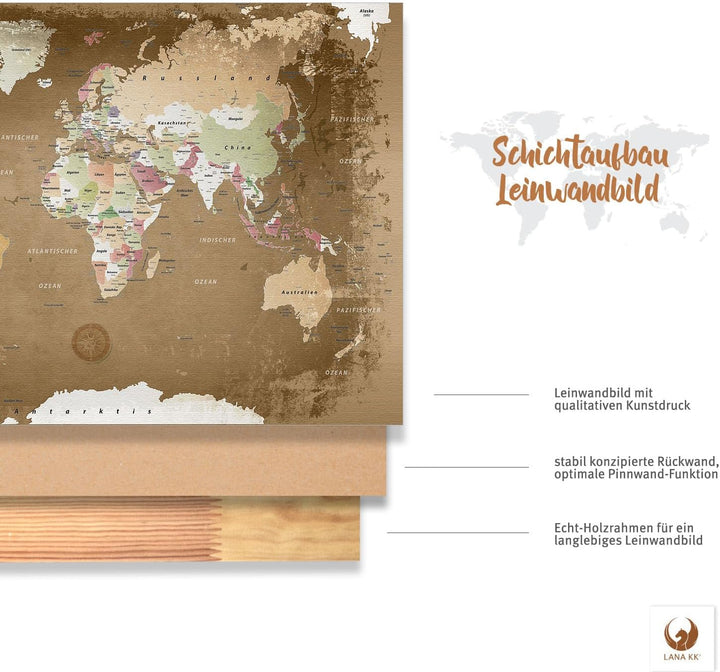 LANA KK - Luxus Pinnwand Weltkarte - Oldstyle - Deutsch - in 120 x 80 cm, stabile Rückwand zum Pinne
