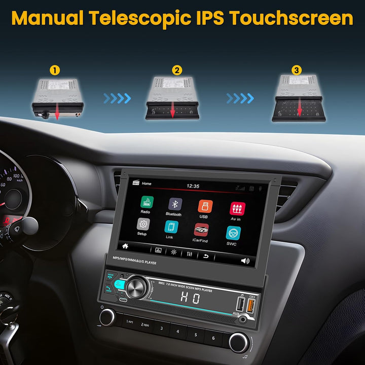 Hikity 1 Din Autoradio mit 7 Zoll Manuell Einziehbarer Touch Display Radio mit Ausfahrbarem Bildschi