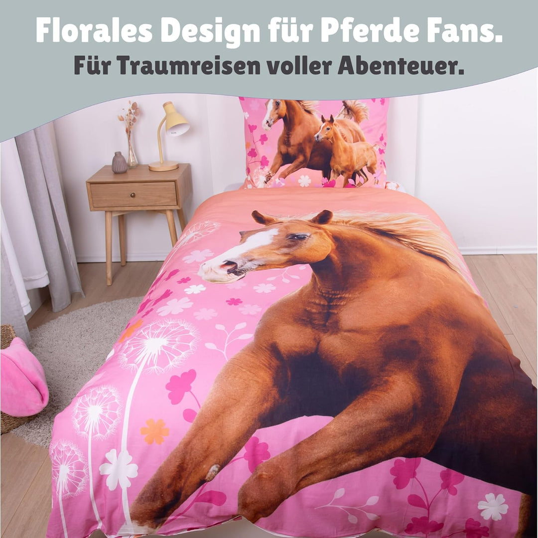 Matt&amp;Rose Wendebettwäsche 135x200 cm 80x80 cm 100% Baumwolle Pferd rosa mit Blumen