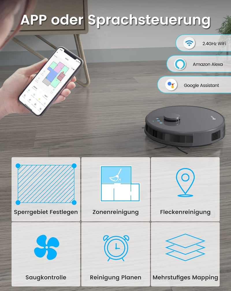 LEFANT Saugroboter mit Wischfunktion, 4000Pa Saugleistung Staubsauger Roboter 200min Laufzeit, Mehrs
