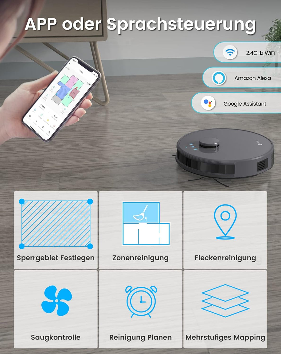LEFANT Saugroboter mit Wischfunktion M1, 5500Pa Saugleistung Staubsauger Roboter 200min Laufzeit, Me