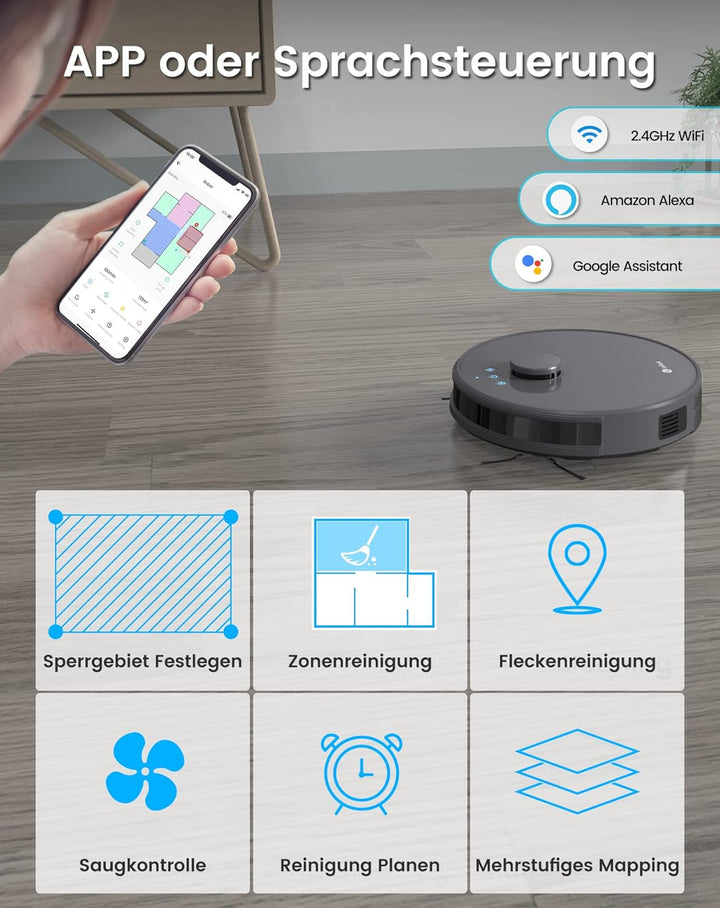 LEFANT Saugroboter mit Wischfunktion M1, 5500Pa Saugleistung Staubsauger Roboter 200min Laufzeit, Me