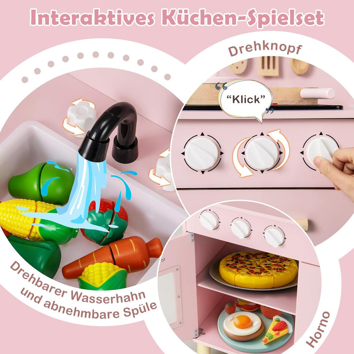 COSTWAY Kinderküche mit 10 Zubehör, Spielküche Holz mit Licht und Sound, Spielzeugküche mit Herd & S