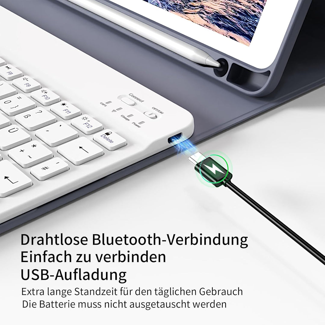 Hülle mit Tastatur für iPad 9./8./7. Generation 10,2 Zoll 2021/2020/2019, Abnehmbare kabellose Keybo