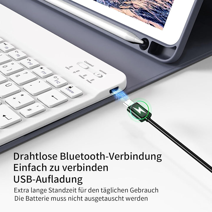 Hülle mit Tastatur für iPad 9./8./7. Generation 10,2 Zoll 2021/2020/2019, Abnehmbare kabellose Keybo