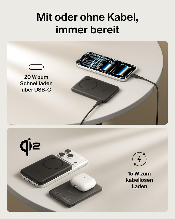 Belkin BoostCharge 5000mAh Magnetische Power Bank mit Magnetring – Schwarz | 5K Powerbank Kabellos,