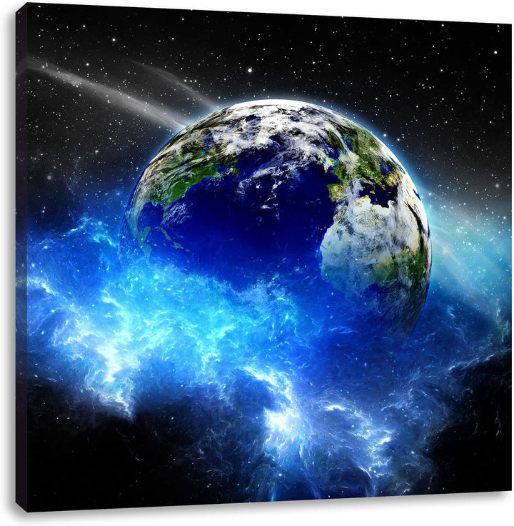 Pixxprint Erde im Kosmos Nebel als Leinwandbild/Grösse: 70x70 cm/Wandbild/Kunstdruck/fertig bespannt