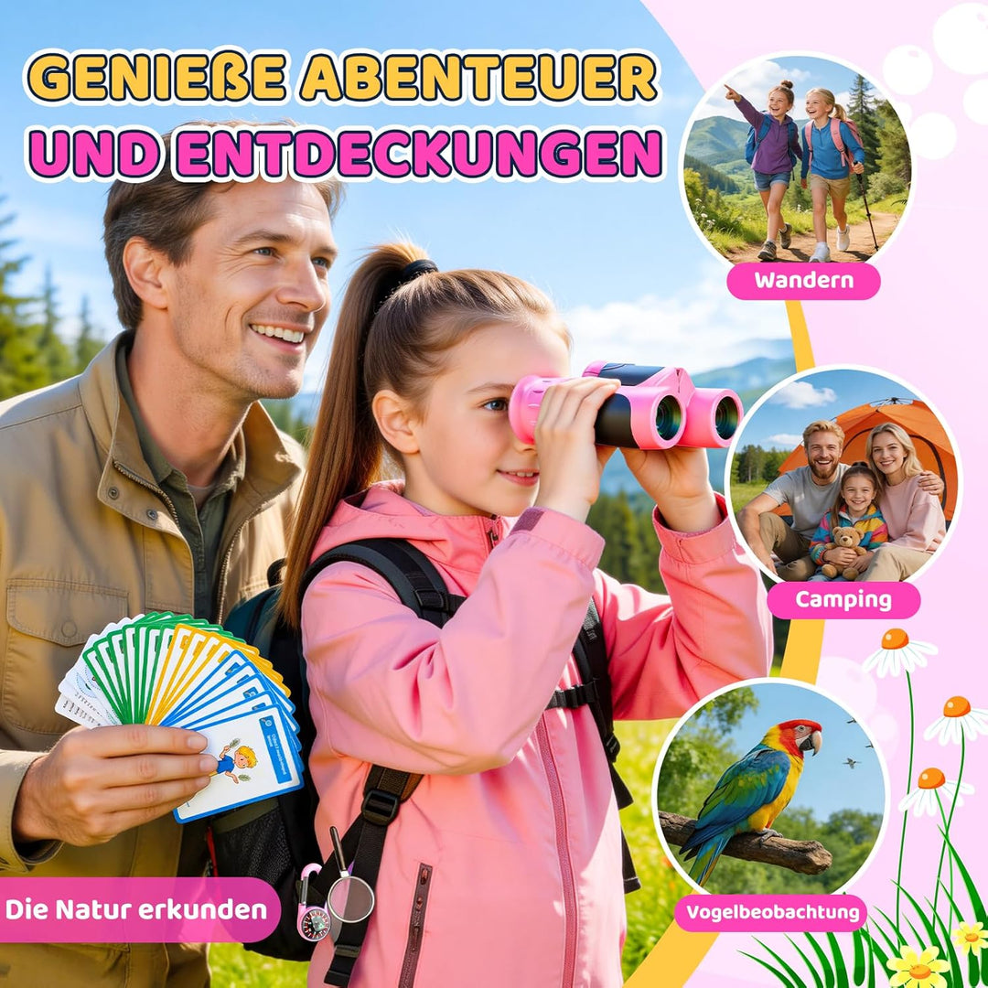 Fernglas für Kinder 8X21 mit Lupe & Kompass & Entdeckerkarten - Geschenk Mädchen 3-10 Jahre, Outdoor