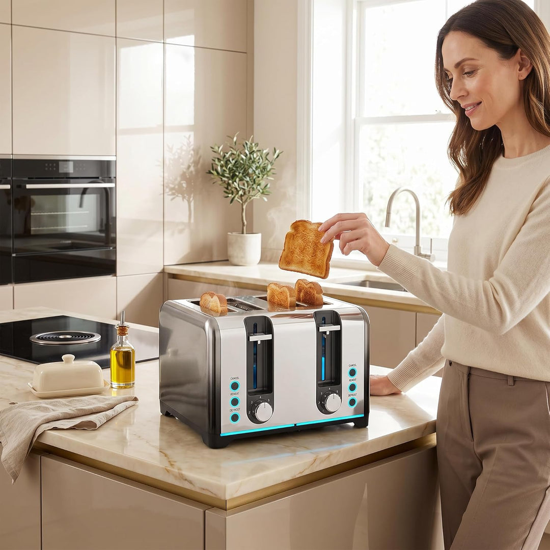 HOMCOM Toaster 4-Scheiben mit 7 Bräunungsstufen, Aufwärm-, Auftau- und Abbruchfunktion, selbstzentri