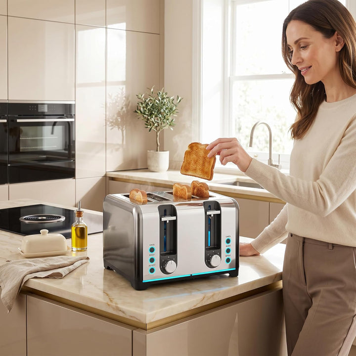 HOMCOM Toaster 4-Scheiben mit 7 Bräunungsstufen, Aufwärm-, Auftau- und Abbruchfunktion, selbstzentri