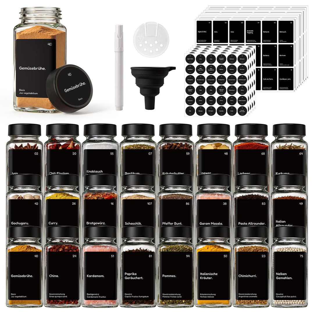 MHDCLY 24er Set Gewürzgläser mit Streueinsatz - 120ml Eckig Gewürzdosen Glas mit Deckel Schwarz - In