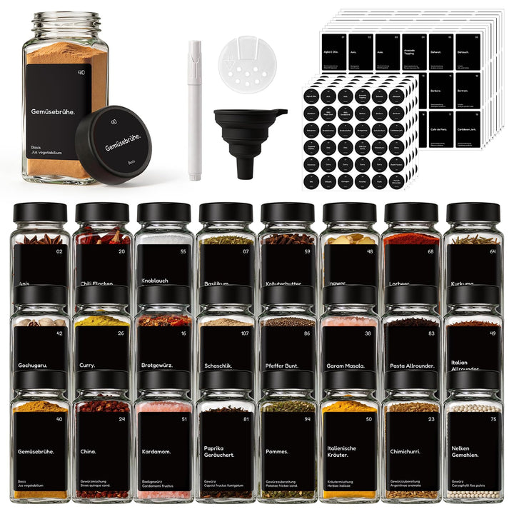 MHDCLY 24er Set Gewürzgläser mit Streueinsatz - 120ml Eckig Gewürzdosen Glas mit Deckel Schwarz - In