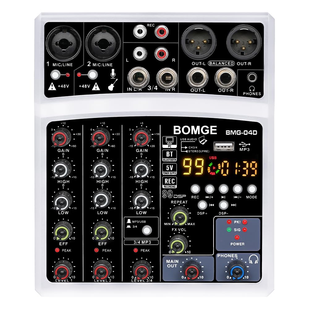 BOMGE DJ-Audio-Mischpult, 4-Kanal, 16 DSP Echo, Sound-Schnittstelle, Mischkonsole, Karaoke, mit MP3,