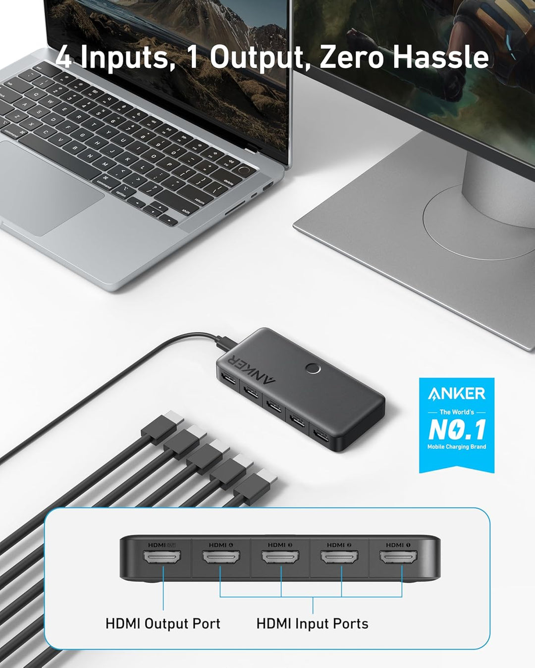 Anker HDMI Switch, 4K@60Hz Umschalter, 4 in 1 Gerät mit glatter Oberfläche, unterstützt HDR, 3D, Dol