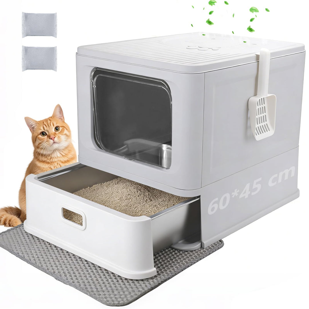 Edelstahl Katzenklo,Faltbare Katzentoilette XXL mit Deckel und Schublade,Geschlossenes Edelstahl Kat