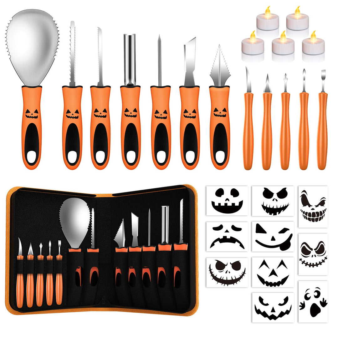 QcoQce Halloween Kürbis Schnitzset, 12PCS Edelstahl Kürbis Schnitzwerkzeuge DIY Sculpting Kürbis Too