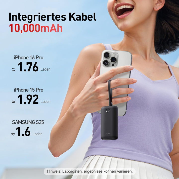iWALK Mini Tragbares Ladegerät 10000 mAh, 22,5W USB-C Powerbank mit integriertem Kabel, Ultra-kompak