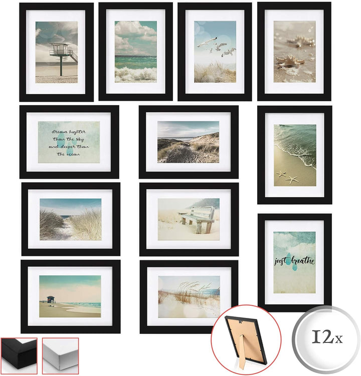 bomoe 12er Bilderrahmen Set Ocean – Fotorahmen Collage für 13x18 cm Bilder Holzbilderrahmen mit Pass