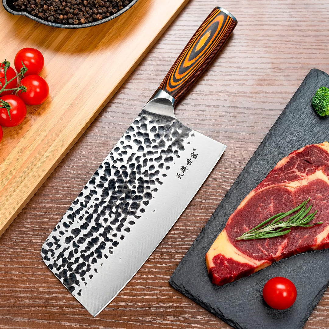 TJ POP Hackmesser Chinesisches Kochmesser Professionelles 21cm, Scharfer Full-Tang Fleischerbeil, 50