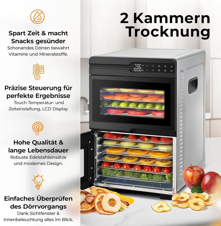 Balter Dörrautomat Edelstahl mit 2 Kammern & 12 Etagen, 1000 W, 8800 cm² Dörrfläche, BPA-frei, 35–75