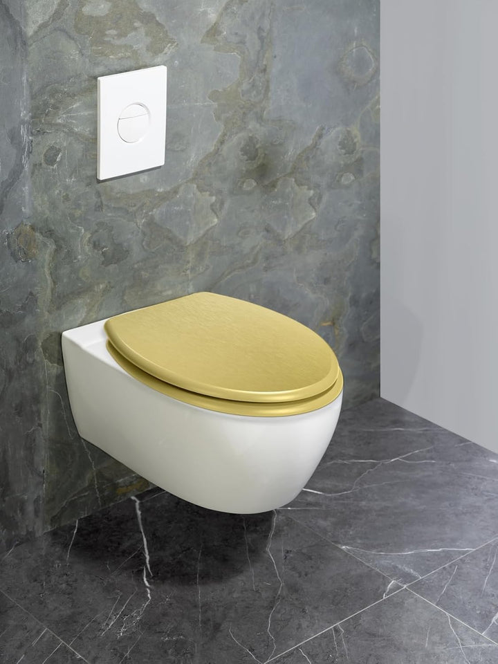 WENKO WC-Sitz Aldeno Gold matt, Toilettensitz aus MDF mit Edelstahl-Befestigung, foliert, dezente Ho