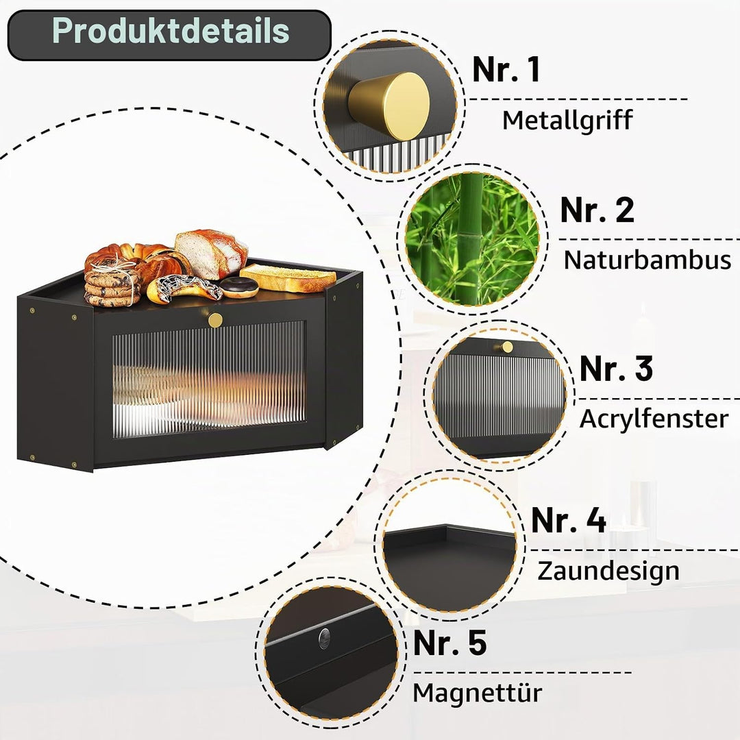 VEDECASA Eck-Brotkasten für Küche Bambus Brotkasten mit Transparenter Acryl-Tür Schwarz Brotkorb für