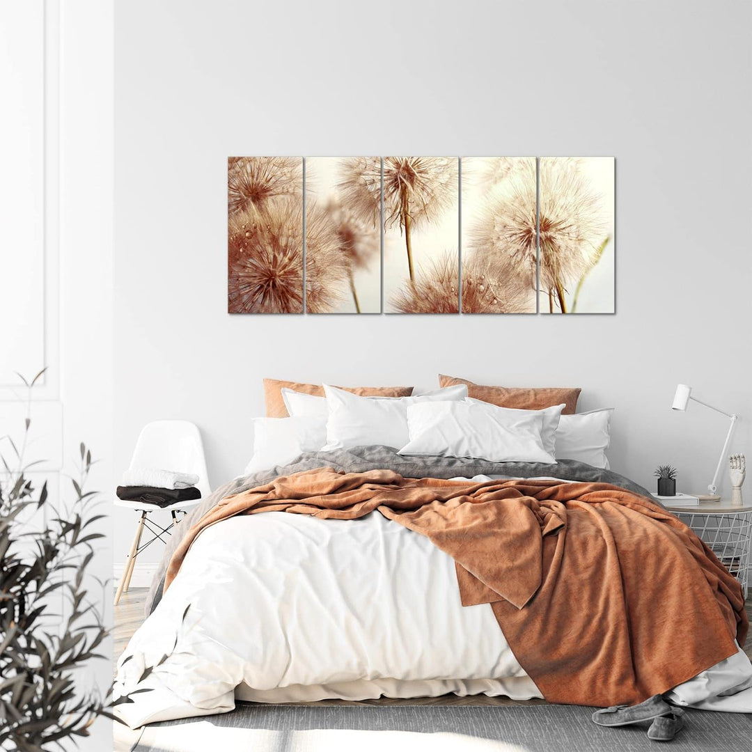 Runa Art Wandbild XXL Blumen Pusteblumen Wohnzimmer Schlafzimmer 200 x 80 cm Beige 5 Teilig - Made i