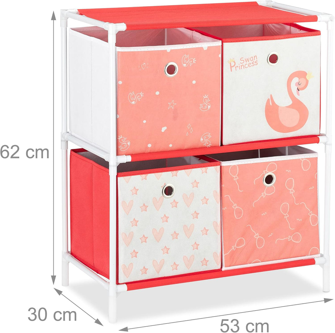 Relaxdays Kinderregal mit 4 Boxen, Spielzeug, Mädchen, Schwan-Design, Regal Kinderzimmer, HBT: 62 x